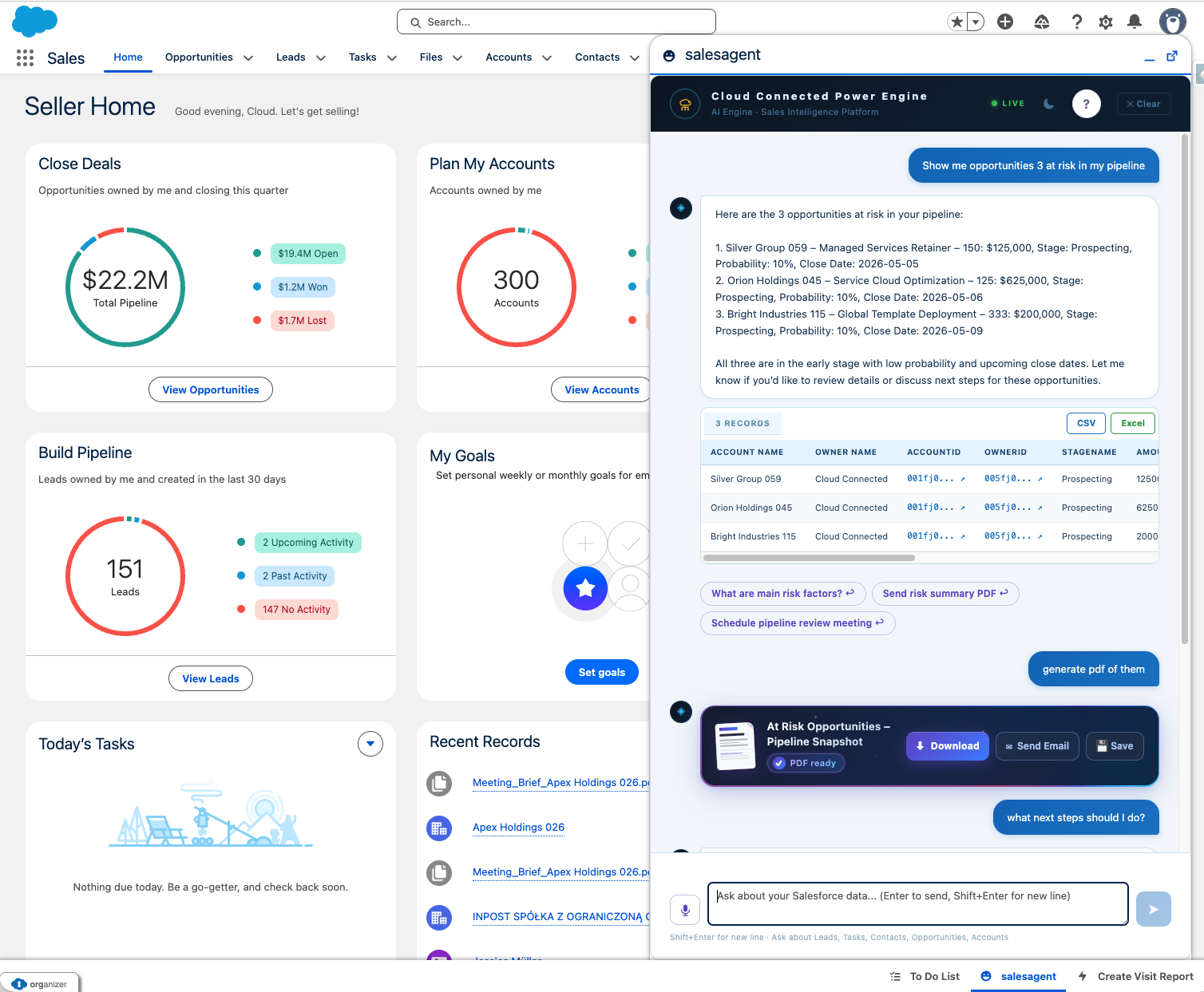 AI Engine running inside Salesforce — Show me opportunities at risk in my pipeline