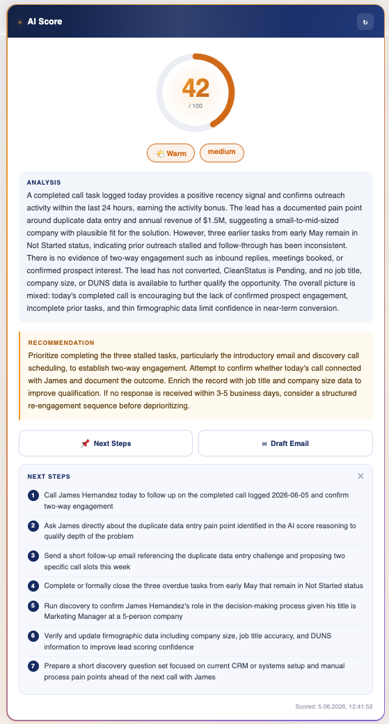 AI Engine score card inside Salesforce showing a 42 score with explanation, recommendation and one-click Next Steps